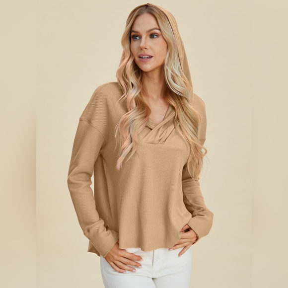 Double Take Full Size High-Low Dropped Shoulder Long Sleeve Hoodie - Picture 2 of 7